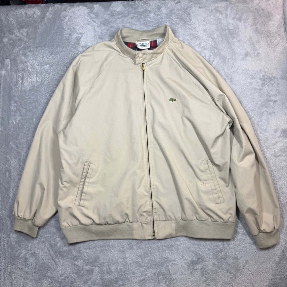Vintage Izod Lacoste Bomber Jacket Mens 2X Big Beige Plaid Lining 90s